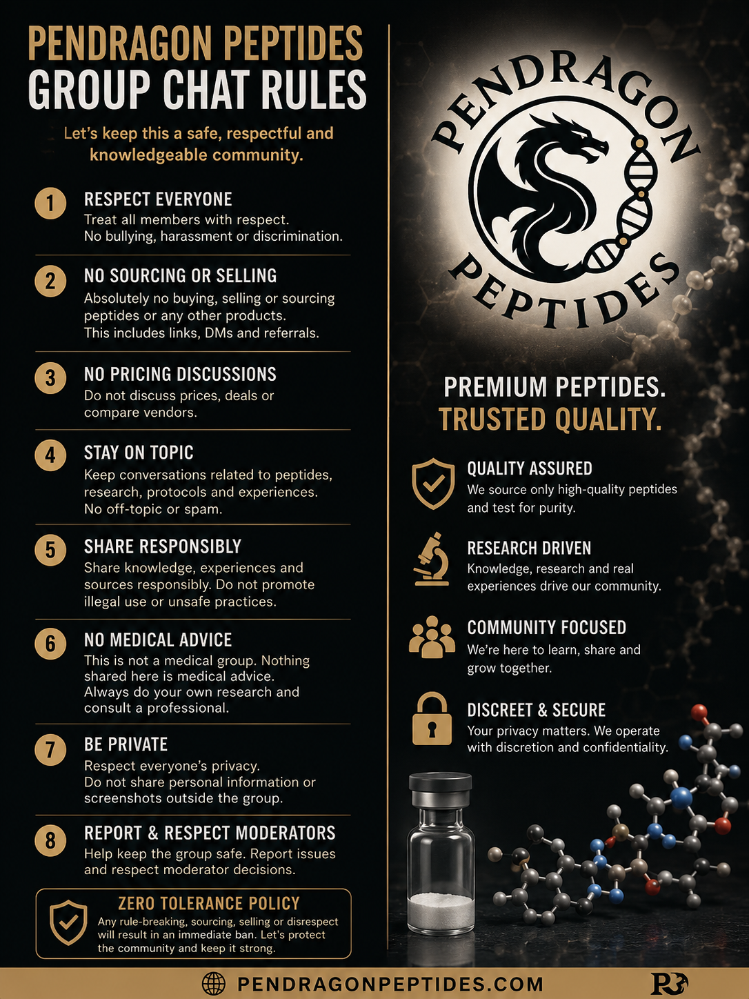 Pendragon Peptides branded group chat rules poster